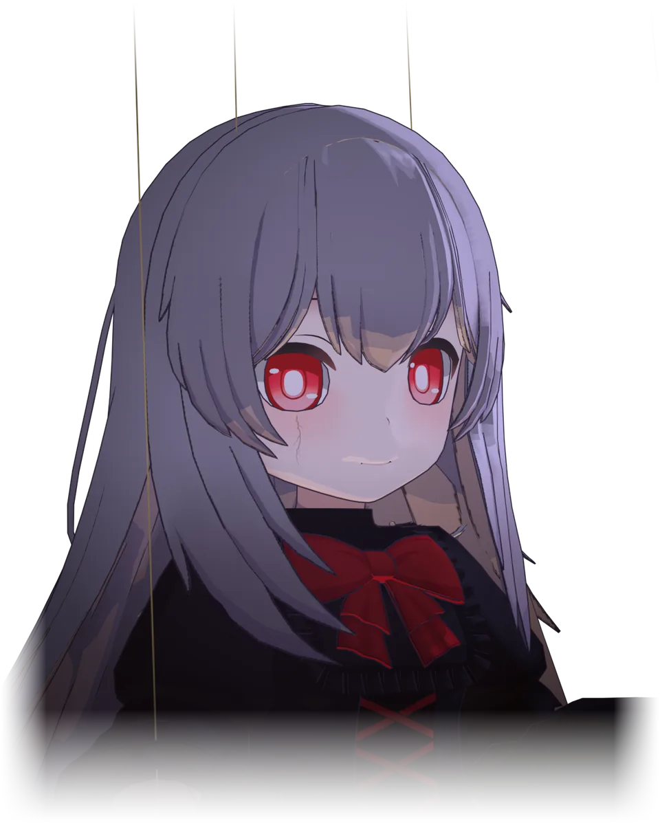 Yunseul, a white-haired doll girl in a black gothic dress with a red bow, hanging on golden strings