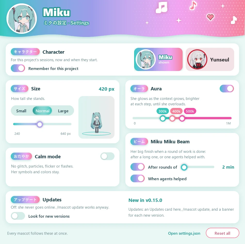 The settings window in Miku's colors